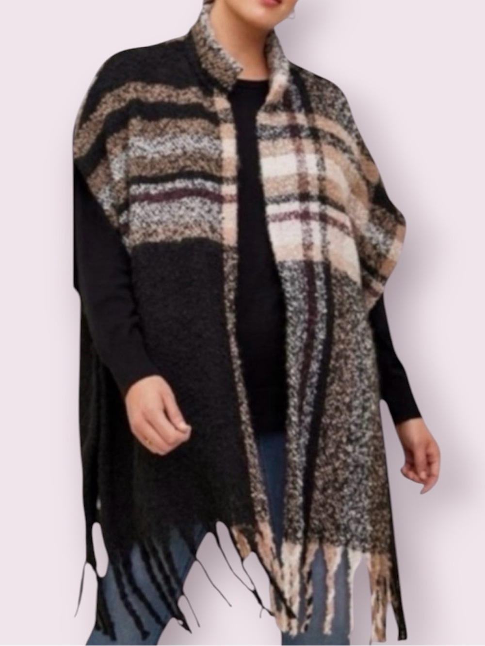 Torrid Cold-Weather Ruana Poncho Cape Shawl Wrap Black Plaid One Size Plus Size